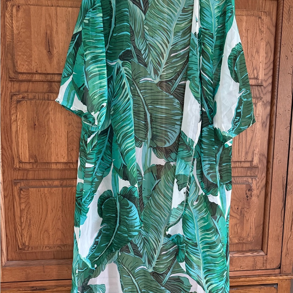 Tropical Green Leaf Print Swim Coverup